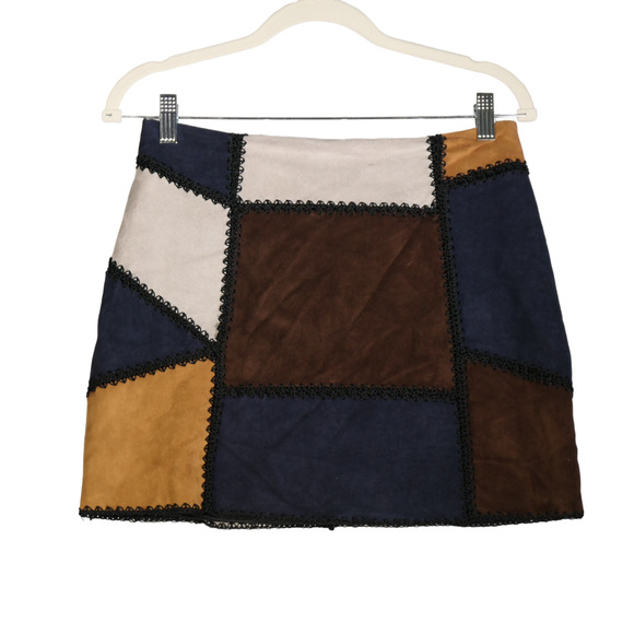 Romeo Juliet Faux Suede Skirt Womens Medium Blue Patchwork Soft Lined Boho - Picture 2 of 6